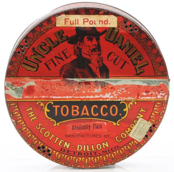 Lot of 2: Tobacco Pie-Shape Tins.: Both Uncle Daniels Fine Cut 1-pound pie-shape tins manufactured by the Scotten-Dillon Company in Detroit, MI. Beautiful image of Uncle Daniel in full beard and hat. Yellow (bright and red) version has