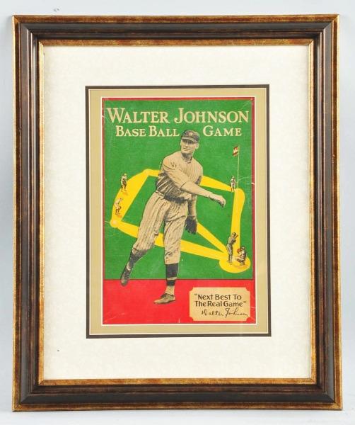 Walter Johnson Baseball Game Cover.: Box cover to early board game for a Walter Johnson BaseBall Game. Walter Johnson was one of baseball's finest pitchers. Nice graphics in new frame. Size: Framed: 23 - 1/4" x 19 - 1/4".