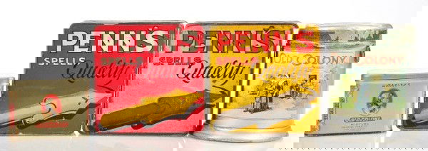 Lot of 4: Tobacco Mixtures.: Lot includes two color variations of Penn's Spells Quality with large pen nib graphic, Old Colony Tobacco canister picturing Pilgrims with ashtray lid, Bagley's Old Colony picturing young lady. Size: