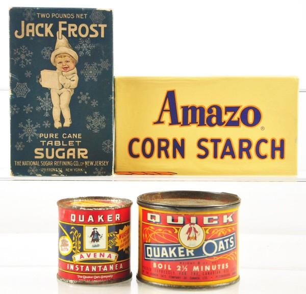 Lot of 4: Food Products.: Lot includes round Quaker Avena Instantanea and Quick Quaker Oats round tins, Jack Frost 2-pound Pure Cane Sugar Tablets with great picture of Jack Frost, and Amazo Corn Starch box. All pieces are ful