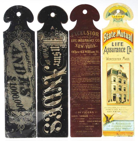 Lot of 4: Tin Ledger Markers.: Pre-1900 lot of tin litho ledger markers includes colorful State Mutual Life Assurance Company with building, and Excelsior Insurance Company, two variations for Andes Insurance Company. All two-sided