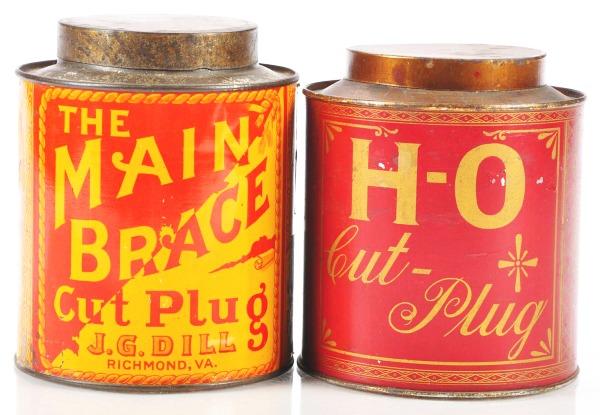 Lot of 2: Small Top Tobacco Canisters.: Bright colored early lot includes red and metallic gold H-O Cut Plug and The Main Brace Cut Plug (this tin always shows a fade). Size: Largest: 6 - 1/4" T.