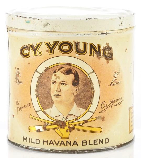Cy. Young Cigar Tin.: Classic baseball cigar tin. "Cy" Young pitched between 1890 and 1911 for five different major league baseball teams. He was elected into the Baseball Hall of Fame in 1937. Baseball's highest yearly pi