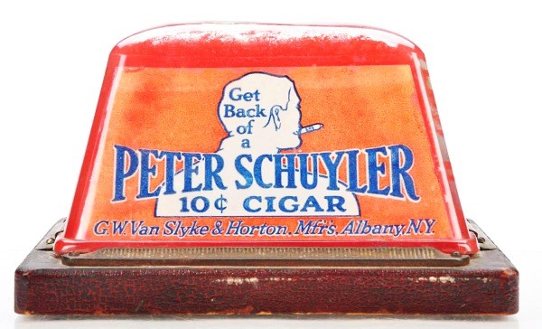 Peter Schuyler Cigar Cutter.: Rare glass domed cutter picturing deal of Peter Schuyler 10¢ Cigar (under glass). Cutter by Brunhoff, Cincinnati. Manufactured by G.W. Van Slyke & Horton. Nice image front and sides. Size: 4 - 3/4" T