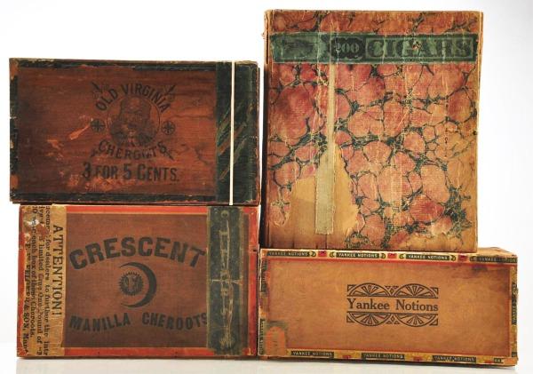 Lot of 4: Cigar Boxes.: Lot includes wood boxes for Crescent Manilla Cheroots, Yankee Notions, Old Virginia Chroots, and very old unusual ledger book shape cloth covered "Letters" The Columbia Files (200 cigars). Size: Large