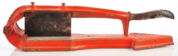 Spear Head Plug Tobacco Cutter.: Red Cast Iron Spear Head Tobacco. Manufactured by R.J. Sorg Company. Original paint. Working. Size: 17" L.