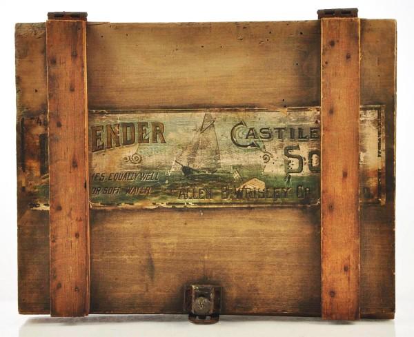 Defender Castle Soap Display.: Great sail boat on paper label inside lid of wood counter display/dispenser for Defender Castile soap. Manufactured by Allen B. Wrisley Co Chicago. Box held 48 cakes of soap. Nice label top lid. Defen