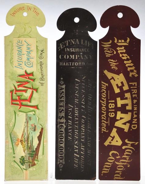 Lot of 3: Aetna Tin Ledger Markers.: Pre-1900 lot of tin litho ledger markers include design variations for Aetna Insurance Company one is a most colorful illustration of Mt. Aetna erupting. All two-sided. Size: Largest: 12 - 1/2" L.