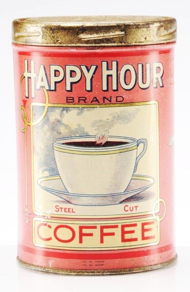 Happy Hour Steel Cut Coffee Tin.: Different design of front and back. Manufactured by Campbell Holten & Company in Bloomington, IL. Minimal fade. Size: 6" T.