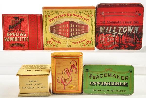 Lot of 6: Cigar Tins and Boxes.: Lot includes Special Vaporettes square corner, Miltown Stogies tin, Peacemaker Invincible tin, LeRoy tin, Prospero De Nobili & C. paper box, and unusual celluloid small ashtray for Smoke Paul Jones Ha