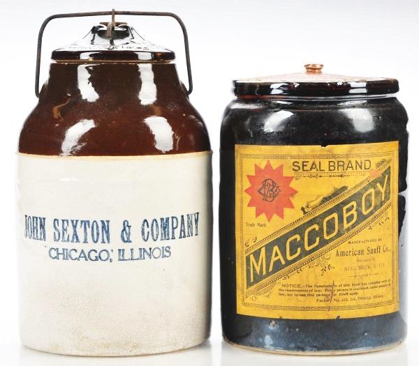 Lot of 2: Stoneware Jars.: Pre-1900 lot includes food product for John Sexton & Company, Chicago and early paper label Maccaboy Snuff in great condition. Size: Largest: 11 - 1/2" T.