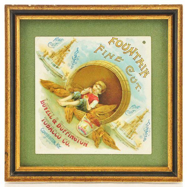 2 Tobacco Signs.: Nice old Spaulding & Merrick paper Briar Pipe Tobacco sign & Fountain Fine Cut hanging sign for Fountain Fine Cut picturing young boy tasting some Fountain Chewing Tobacco! New frames. Size: 28 - 1/2"
