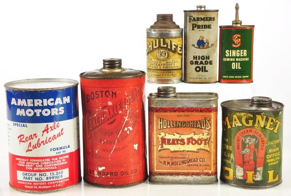 Lot of 7: Oil Product Tins.: Nice lot includes Singer Sewing Machine Oil tin, Farmers Pride High Grade Oil, Shulife for waterproofing shoes cone top shape tin with screw top, rare Magnet Oil, one pint Hollingshead's Neats Foot, p