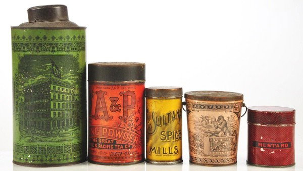 Lot of 5: Pre-1900 Food Tins.: Early lot contains round green slip top Ginna & Co tin with illustration of The Great American Tea Company building, red A&P Baking Powder, gold A&P Sultana Spice Mills, salmon color Schepp's Cocoanut