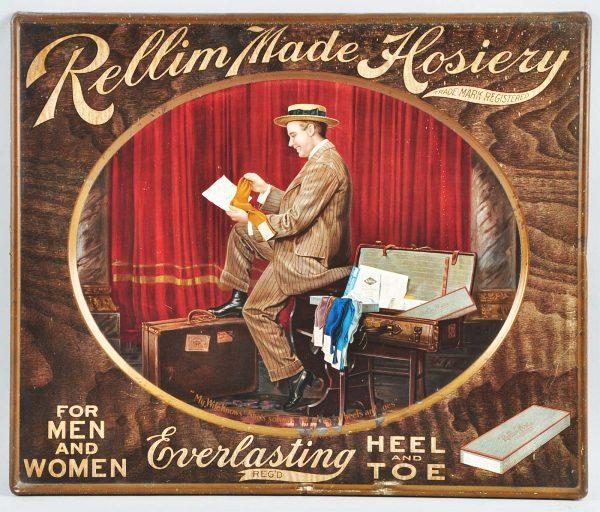 Rellim Made Hosiery Tin Sign.: Wonderful tin litho illustration of traveling salesman reading letter from his wife and admiring a pair of Rellim Made Hosiery. A Norman Rockwell look on this self framed tin sign. Minimal wear. Size: