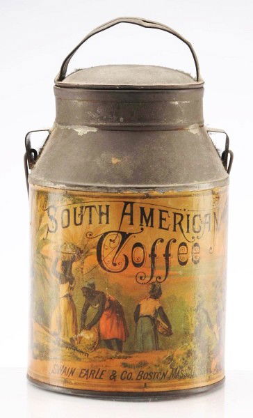 South American Bail Handle 1-Pound Coffee Tin.: Late 1800s. Manufactured by Swain Earl & Company in Boston, MA. One of the earliest coffee tins with soldered seams. Unusual milk pail shape with bail handle. Beautiful paper label by Forbes Litho, Bo