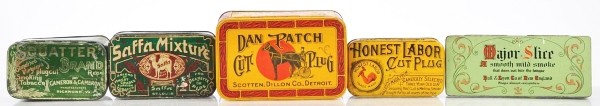 Lot of 5: Tobacco Mixtures.: Fine lot of colorful variety of flat pocket tins/boxes. Includes Honest Labor, Dan Patch, Saffa Mixture, Squatter Brand, and Major Slice. Size: 6" L.