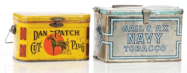Lot of 2: Wood Handle Cut Plug Lunch Boxes.: Very graphic and bright Dan Patch Cut Plug and highly silvered Gail & Axe Navy Tobacco. Tins show minimal wear. Size: Largest: 7 - 1/2" L.