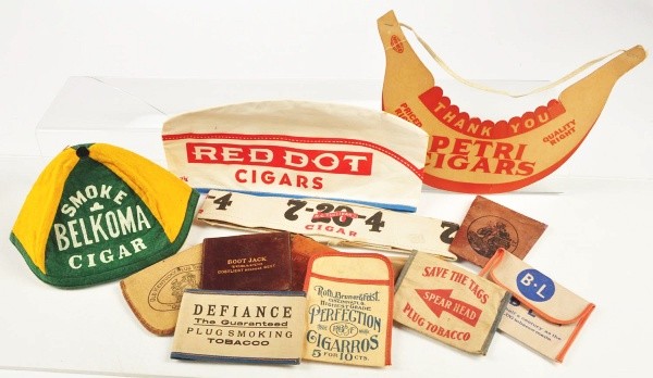 Tobacco Promotion/Premiums.: Variety of cloth/paper/leather plug holders and hats for Red Dot Cigars, Belkoma Cigars, 7-20-4 Cigars, Petri Cigars, Spearhead, Prection, Defiance, Boot Jack, B•L, Old Kentucky Plug, and Union Lead