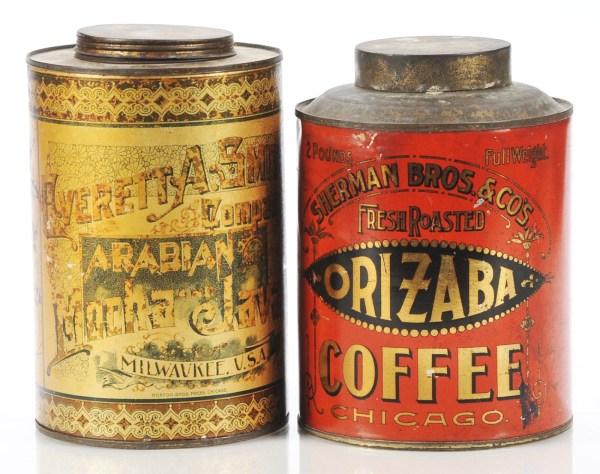 Lot of 2: Coffee Tins.: Lot includes Orizaba Coffee, manufactured by American Can Co., coffee by Sherman Brothers & Company in Chicago, IL and Arabian Mocha & Java Coffee, manufactured by Norton Bros., coffee by Everett A. S
