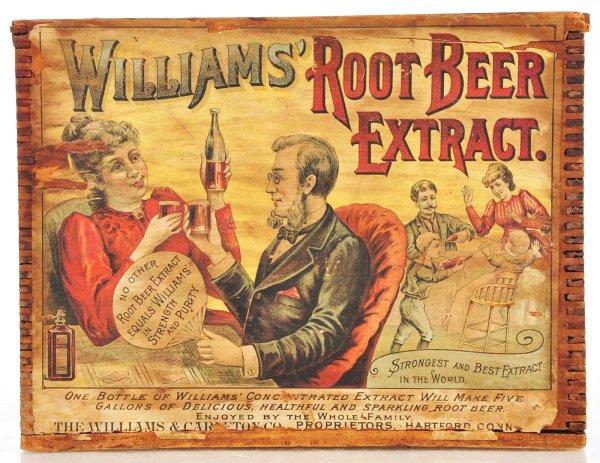 Williams' Root Beer Crate.: Circa 1880s. Nice old dovetailed box with beautiful paper label of man and woman toasting with children fighting in background. All fine labels. Size: 7 - 1/2" x 9 - 3/4".