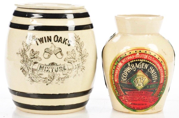 Lot of 2: Tobacco Humidors.: Lot includes barrel shape ceramic Twin Oaks Mixture with original lid and pre-1900 Copenhagen Snuff with very fine paper label and original tax stamp. Chipping to lid. Size: Largest: 6 - 1/2" T.