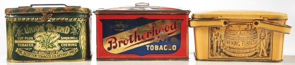 Lot of 3: Tobacco Lunch Boxes.: Lot includes picnic basket style Warnick & Brown with great illustrations, and colorful Brotherhood Tobacco with bail handle, and bright green/metallic gold Union Blend Cut Plug manufactured by The Sc