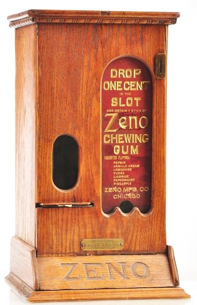 Zeno Gum Dispenser.: Classic all original wood Zeno Gum Machine. Pat. Aug. 1, 1893 made by Zeno Mfg. Co. Chicago, ILL. Working. Size: 16 - 1/2" T.