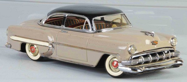 Tin 1954 Chevrolet Friction Toy.: Japanese. Working. Made by Linemar. All original parts. Minor scratching and spidering to lithography throughout. Pictured in Dale Kelley's "Collecting the Tin Toy Car" book on page 30 and 31. Size: 1