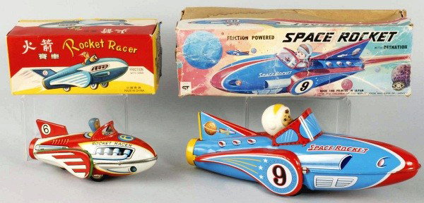 Lot of 2: Tin Litho Space Rocket Friction Toys.: Chinese and Japanese. Working. Toys with very little wear overall. Includes both original boxes with some creasing and wear. Size: Largest: 12 - 3/4" L.