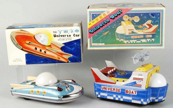 Lot of 2: Space Vehicle Battery-Operated Toys.: Chinese. Working. Includes one Universe Car and one Universe Boat. Includes both original boxes with some creasing. Size: Largest: 10" L.