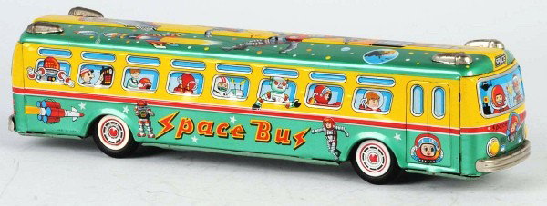 Tin Space Bus Friction Toy.: Japanese. Circa 1950s. Working. Beautiful graphics of robots and space people around all sides of bus with robot driver. Marked "Space Bus" on both sides. Minor scratching and wear with some oxidation