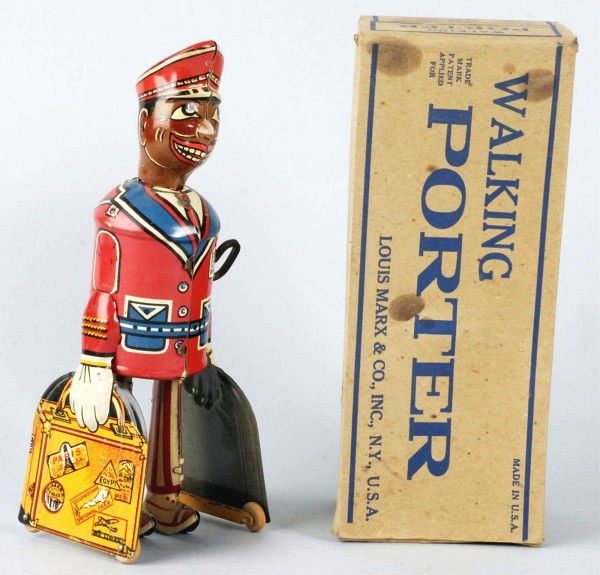 Tin Litho Marx Tractor Wind-Up Toy.: American. Working. Original treads and tin litho driver. Minor wear overall. Includes original box marked "Giant Reversing Tractor Truck". Box with some tearing, creasing, detached flaps, and missing