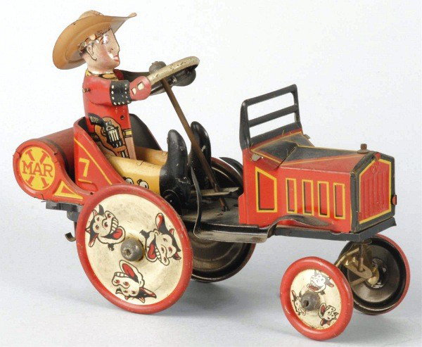 Tin Litho Marx Cowboy Whoopee Car Wind-Up Toy.: American. Working. Original hat brim. When in operation, cowboy rider moves up and down while holding onto steering wheel. Some scratching and wear overall. Size: 9" L.