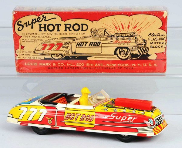 Tin Marx Super Hot Rod Car Friction Toy.: American. Working. Plastic engine, driver, and steering wheel. Battery-operated headlight. Marked "777 Hot Rod". Little to no wear. Includes original box with some slight creasing. Size: 11" L.