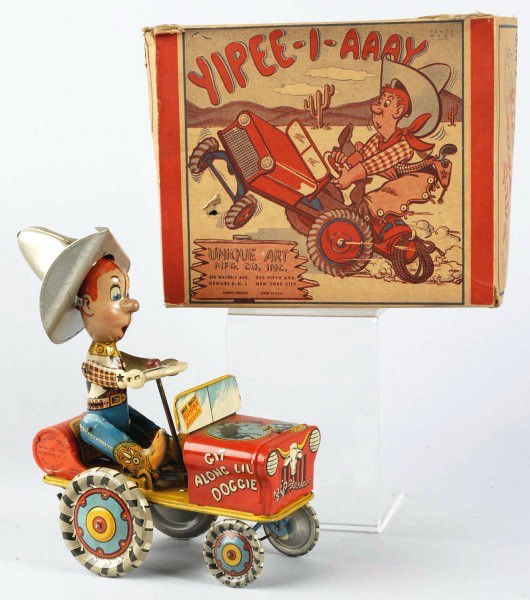 Tin Litho Unique Art Yipee-I-Aaay Wind-Up Toy.: American. Working. Whoopee car action. Marked "Rodeo Joe" and has lithographed western scenes around car. Some minor scratching and wear. Includes original box with cardboard head insert and two small