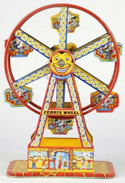 Tin Litho Chein Ferris Wheel Wind-Up Toy.: American. Working. Nice color graphics. When in operation, wheel spins around. Some scratching and wear to base. Size: 16 - 1/2" T.
