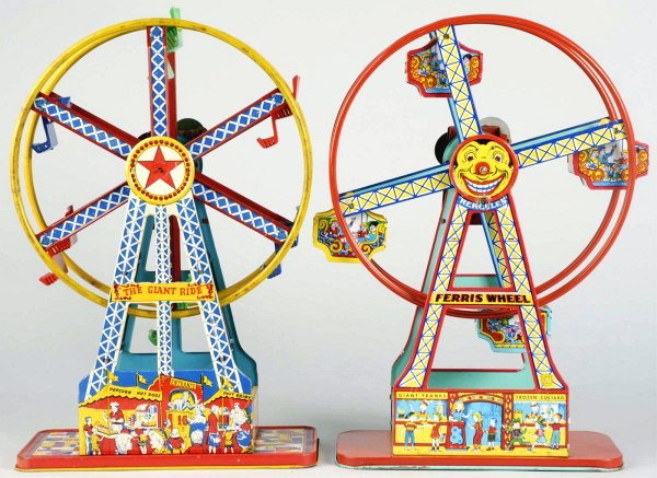 Lot of 2: Tin Chein Ferris Wheel Wind-Up Toys.: American. Working. Later production variations. One is a "Giant Ride" with plastic chairs instead of metal buckets and the other ferris wheel has less carts than the earlier versions. Both toys have s