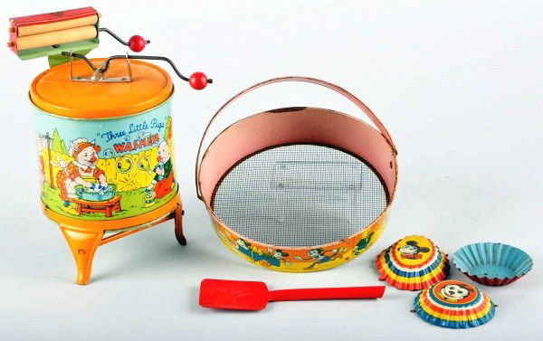 Lot of 2: Tin Litho Chein Three Little Pigs Items: Includes one washing machine and one sand sifter with three tin shell-shaped sand holders and one small shovel. Nice depictions of the Three Little Pigs on both items and sand sifter with generic Mick