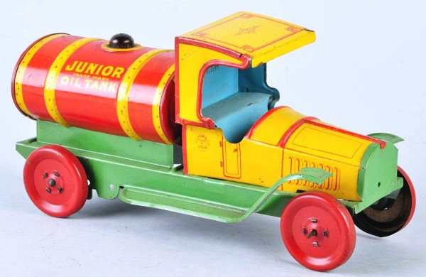 Tin Litho Chein Junior Oil Tank Truck Push Toy.: American. Marked "Junior Oil Tank Truck" on rear. Some scratching and fading to tank. Metal crank on front may be missing. Size: 8 - 3/4" L.