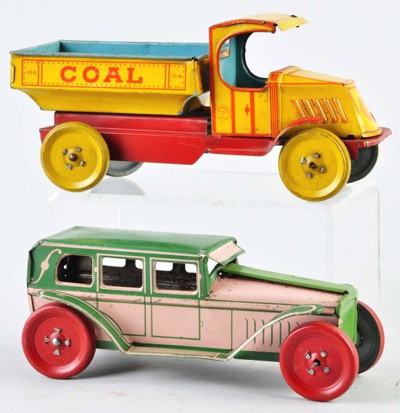 Lot of 2: Tin Litho Chein Vehicle Push Toys.: American. Includes one mack front coal dump truck and one sedan in unusual color variation. Some scratching and wear overall and one side of coal truck is pushed in at back. Size: Largest: 8 - 1/4" L.