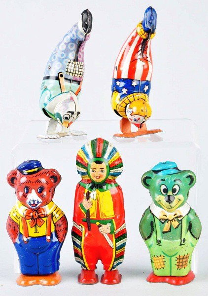 Lot of 5: Tin Chein Animal & Clown Wind-Up Toys.: American. Working. Includes two clown handstand toys, two bears, and one Indian. Nice colorful lithography throughout with some scratching and wear. Size: Largest: 5 - 1/2" T.