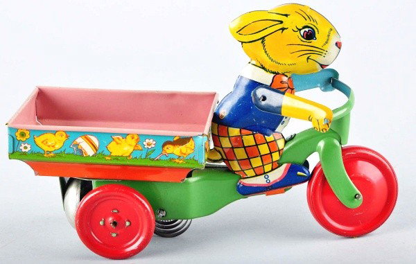 Scarce Tin Litho Chein Rabbit Cart Wind-Up Toy.: American. Working. Depicts rabbit pulling cart with lithography of chicks around sides. Beautiful color lithography with very little wear. Size: 8 - 1/2" L.