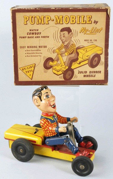 Tin Litho Ny-lint Pump-Mobile Wind-Up Toy.: American. Working. This is a Howdy Doody knock-off character which they call a Cowboy Rides Irish Mail. Some wear overall. Includes original box. Box has one missing inside flap and one outside flap t
