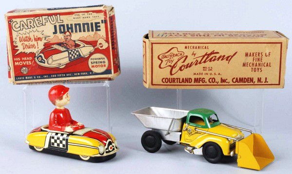 Lot of 2: Tin Vehicle Wind-Up Toys.: American. Working. Includes one Marx Careful Johnny car with plastic head and one Courtland Dump Truck. Includes both original boxes with some creasing and flaps that are detached but present. Size: L