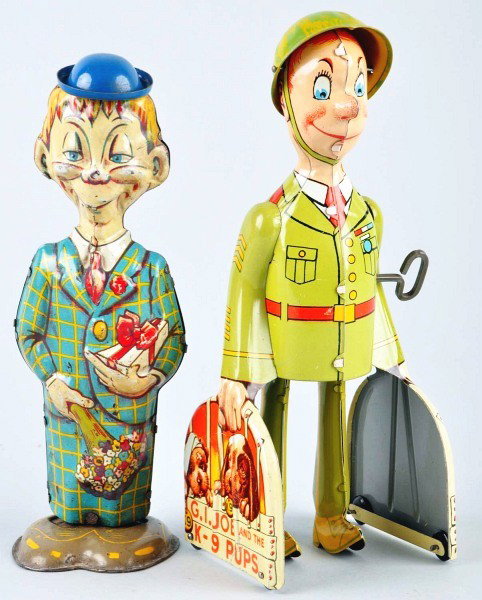 Lot of 2: Tin Litho Walking Figure Wind-Up Toys.: American. Working. Includes one Unique Art G.I. Joe and the K-9 Pups and one Marx Mortimer Snerd Waddler. Both with original hats. Some scratching and wear to Snerd figure. Size: Largest: 9" T.