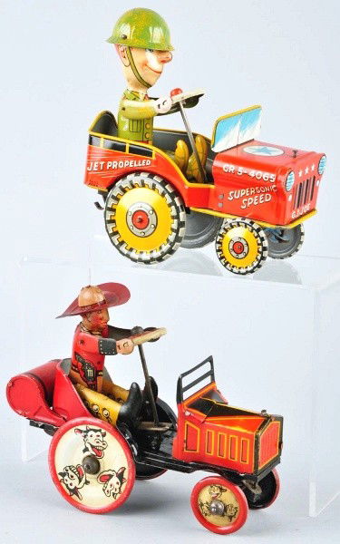 Lot of 2: Tin Litho Whoopee Car Wind-Up Toys.: American. Working. Includes one Unique Art G.I. Joe and the Jouncing Jeep and one Marx Cowboy Car with replaced hat brim. Some scratching and wear to Marx car. Size: Largest: 8" L.