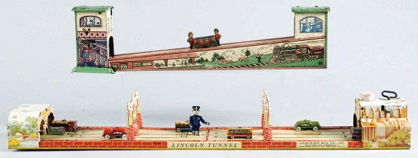 Lot of 2: Tin Vehicle Wind-Up Toys.: American. Includes one Unique Art Lincoln Tunnel toy and one Marx Busy Miners toy with original cart. Busy Miners toy with some fading to lithography and some minor scratching throughout. Size: Larges