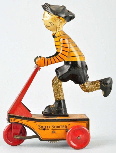 Tin Litho Marx Smitty on Scooter Wind-Up Toy.: American. Working. Marked "Famous Artist Syndicate" on back of toy. One of the most popular early character wind-up toys. Some minor scratching throughout. Size: 8" T.