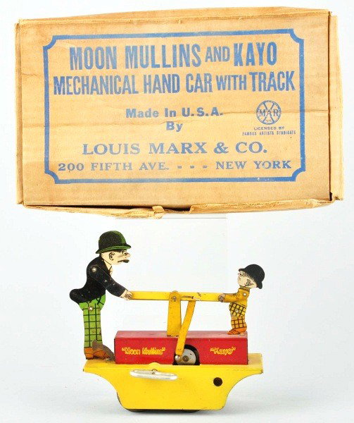 Tin Litho Marx Moon Mullins & Kayo Wind-Up Toy.: American. Working. Truck version. Toy has some overall scratching and wear. Includes original box with track. Box has some creasing. Size: 6" L.